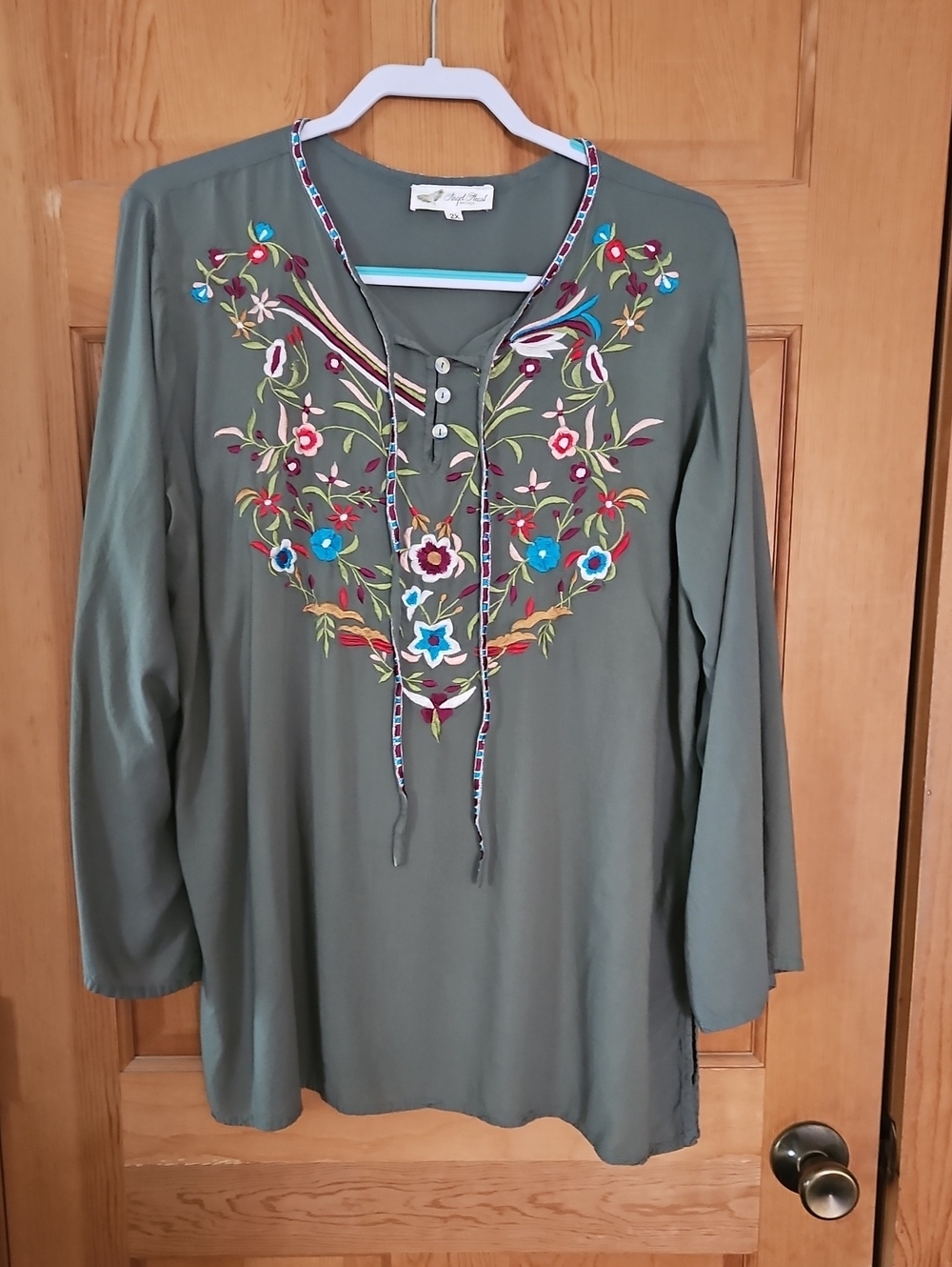 Embroidered Olive Green Women's Tunic Top